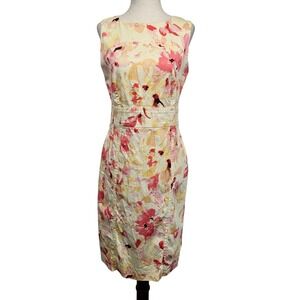 Anne Klein Dress Womens 2 Yellow Pink Floral Sleeveless Sheath Stretch Summer